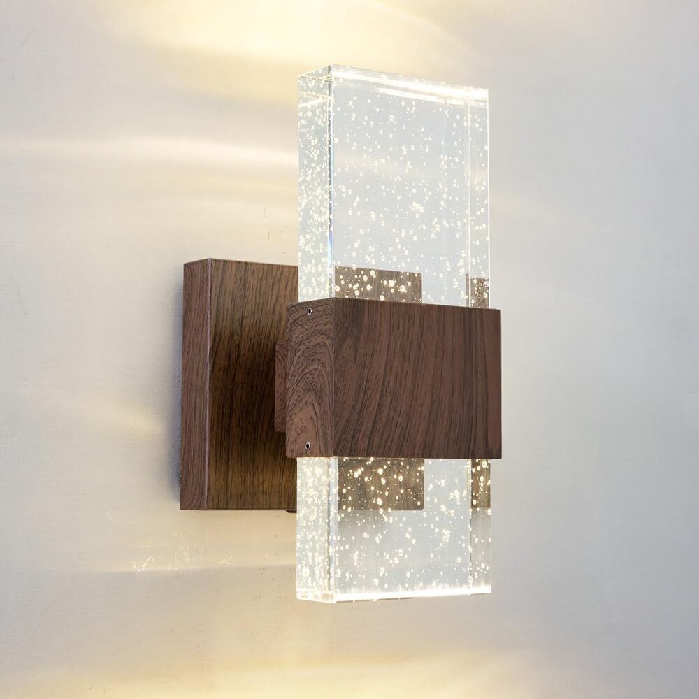 Rustic Walnut LED Bubble Crystal Wall Sconce Farmhouse Wall Light